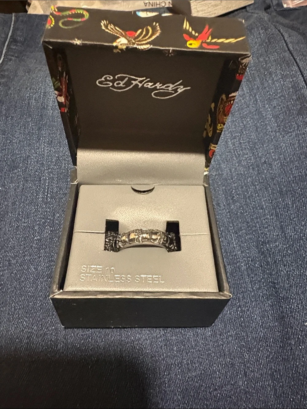 Ed Hardy Black Stainless Steel Ring with Gold Accents